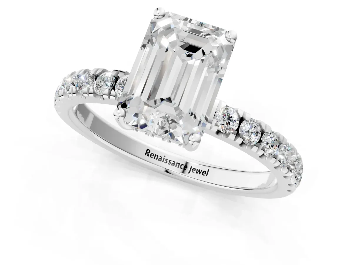 Emerald Cut Diamond Pave Band Solitaire Ring with Round and Prong Setting Platinum