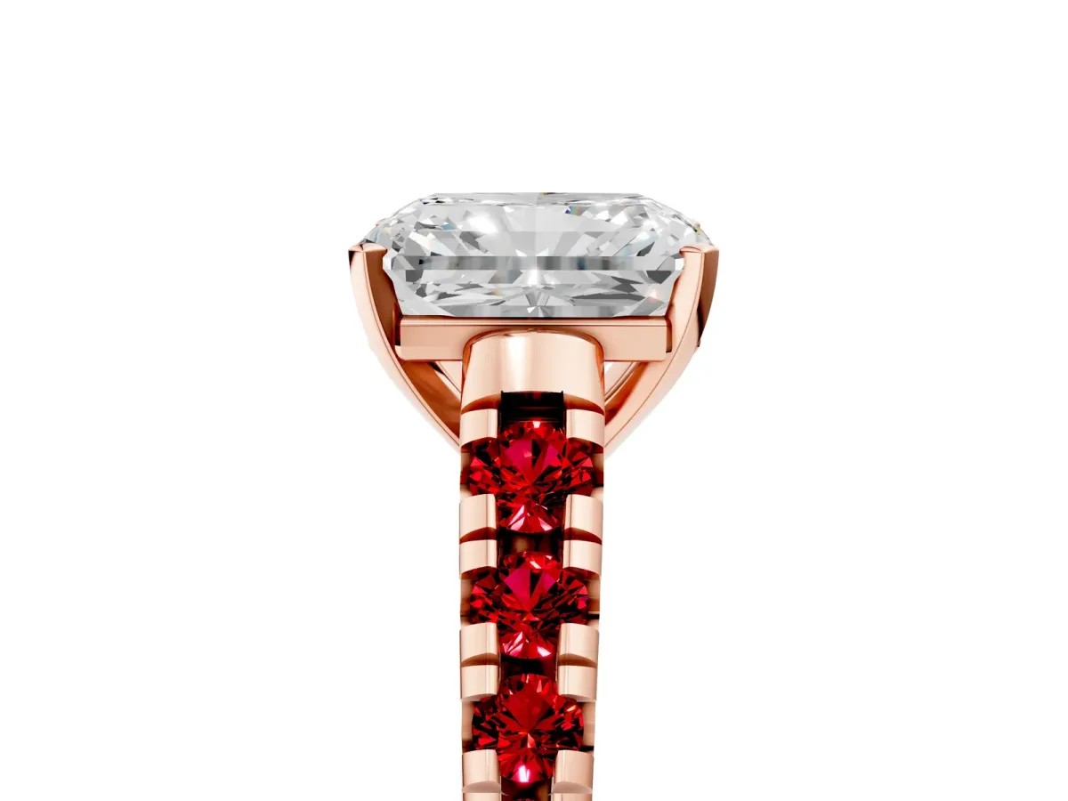 Radiant Cut Diamond Cathedral Solitaire Ring with Round Ruby Pavé Band Rose gold