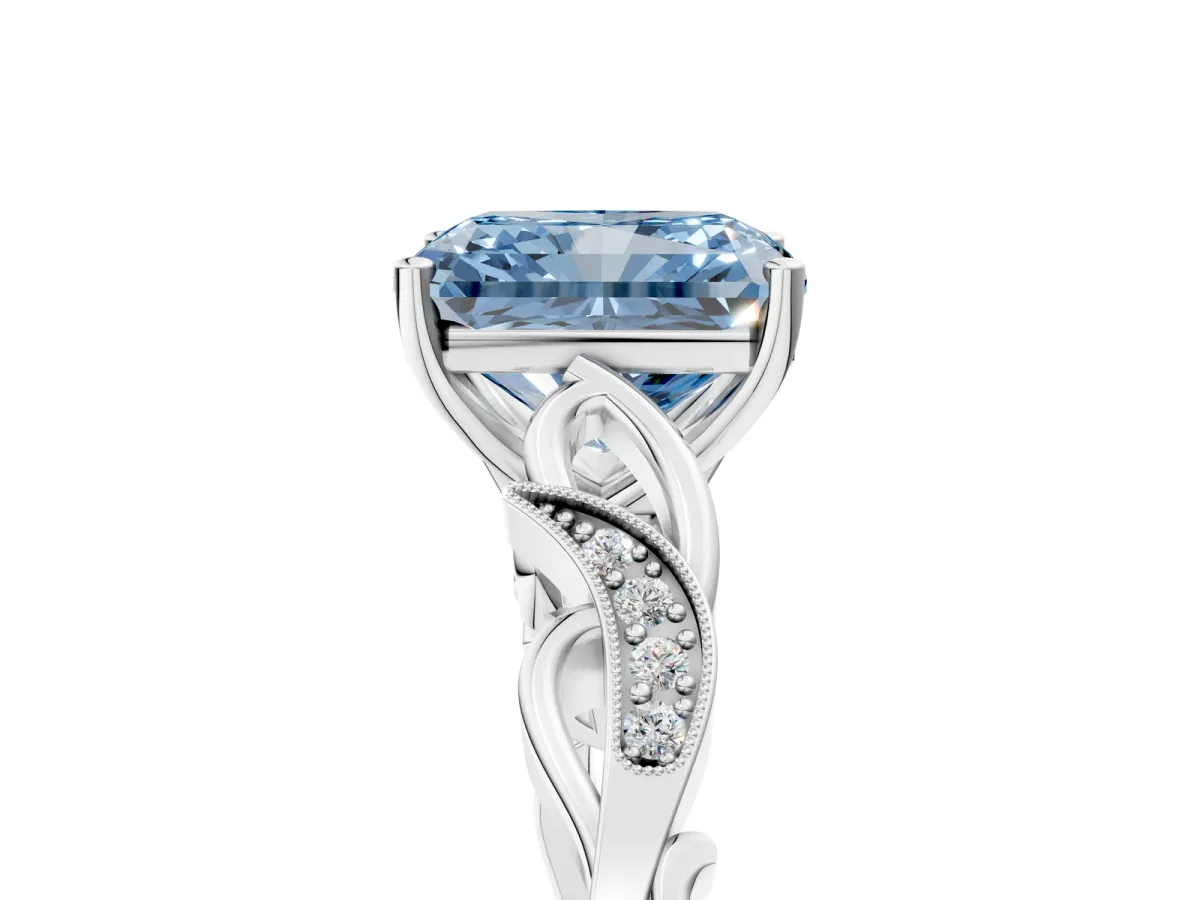 Fancy Blue Radiant Cut Solitaire Vine Band with Milgrain Prong Setting Platinum