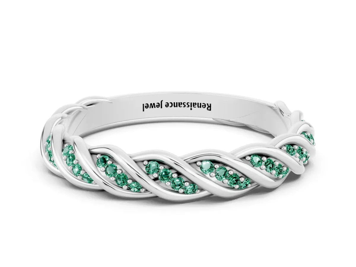 Twisted Pavé Round Green Sapphire Eternity Band with Shared Prong Setting White gold