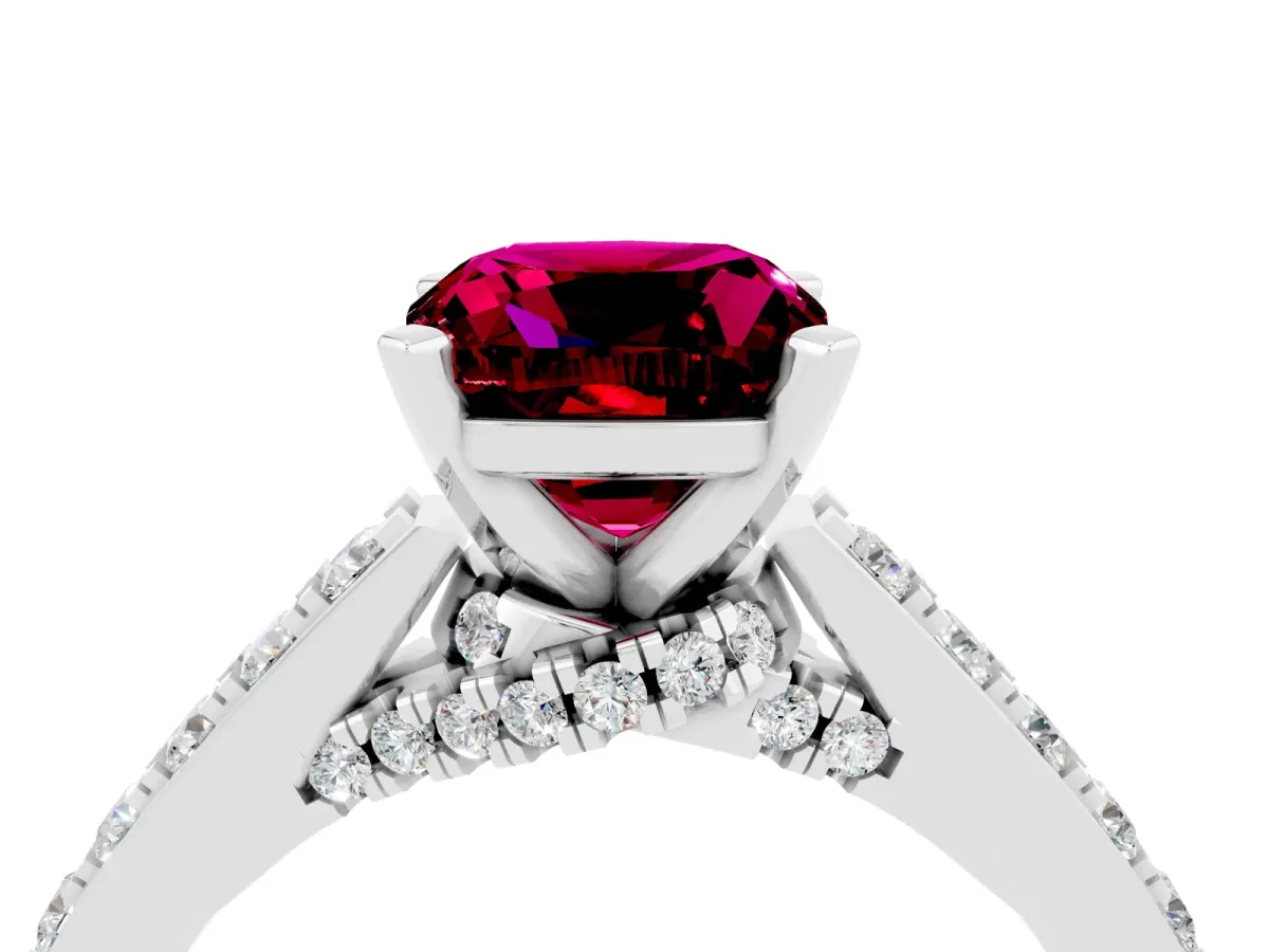 Cushion Cut Garnet Solitaire Ring with Crossover Gallery and Round Pavé Band Silver