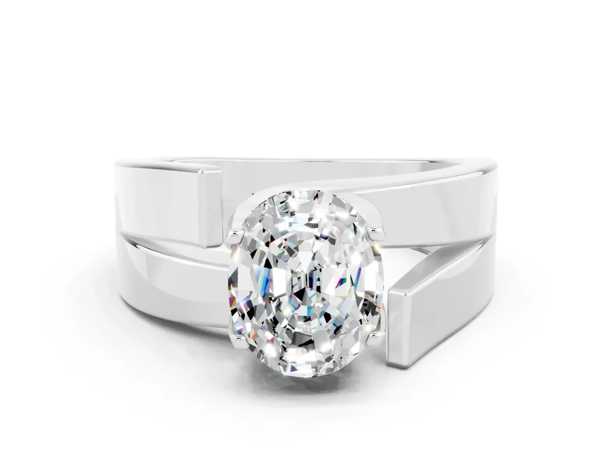 Modern Tension Set Oval Cut Moissanite Solitaire Wide Band Ring Silver