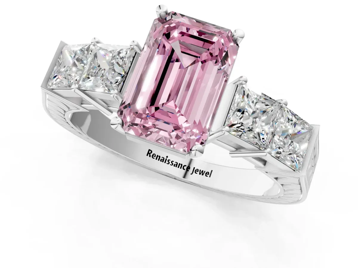 Fancy Pink Emerald Cut Solitaire Princess Side Stone Engraved Band Prong Setting Ring Platinum
