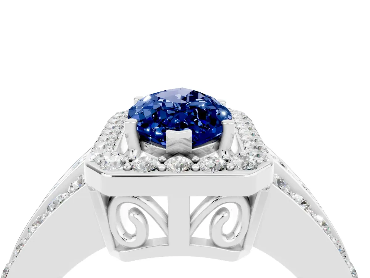 Marquise Cut Halo Blue Sapphire Ring with Round Split Shank and Prong Setting Silver