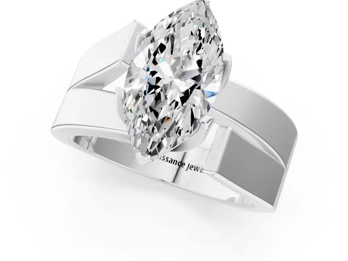 Modern Tension Set Marquise Cut Diamond Solitaire Wide Band Ring Silver