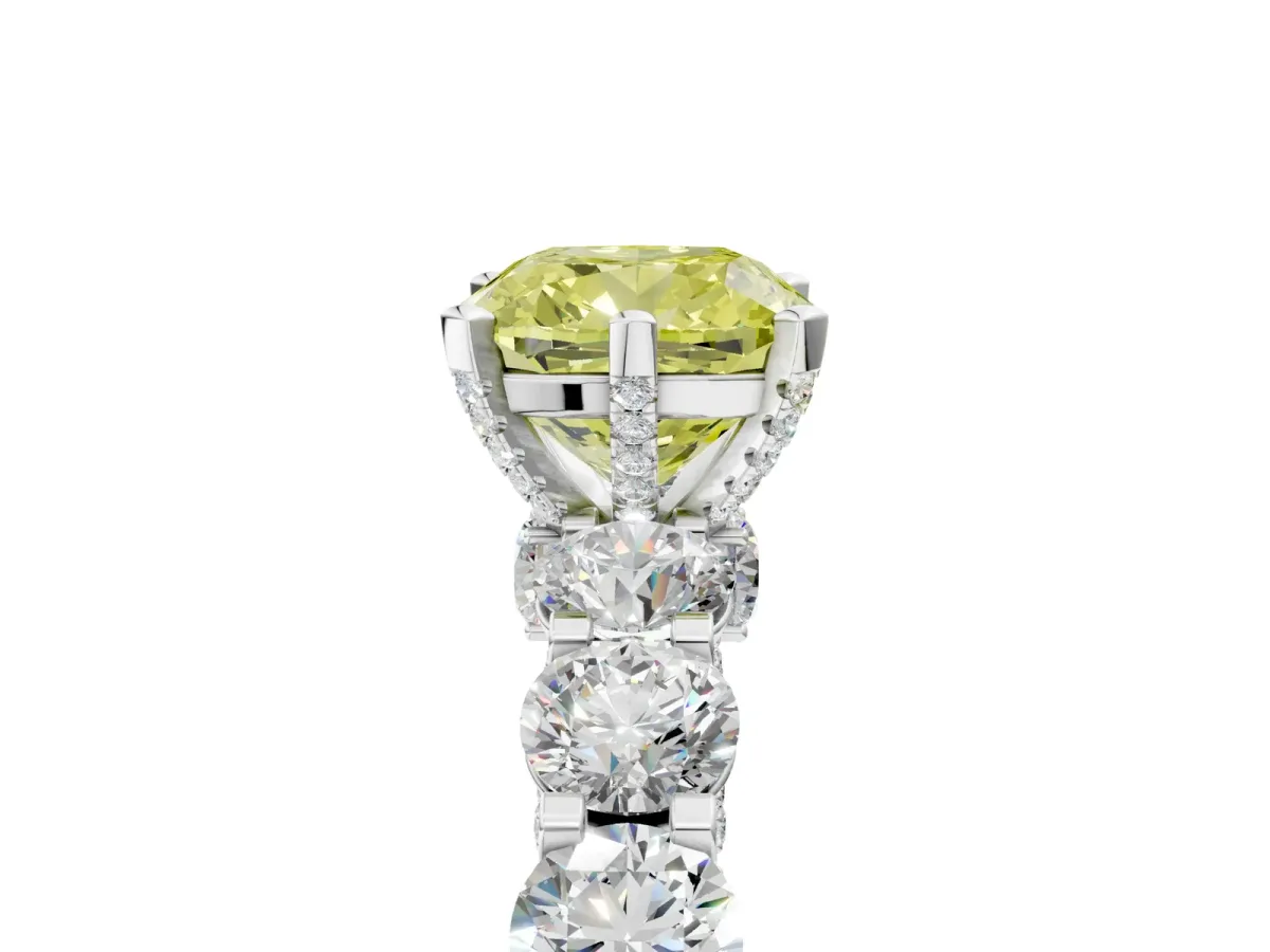 Fancy Yellow Cushion Cut Diamond Side Stone Engagement Ring with Four-Prong Setting Silver