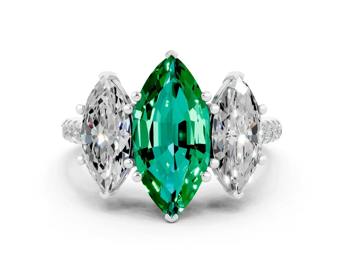 Three-Stone Marquise Cut Emerald Ring with Round Pavé Band and Prong Setting Silver