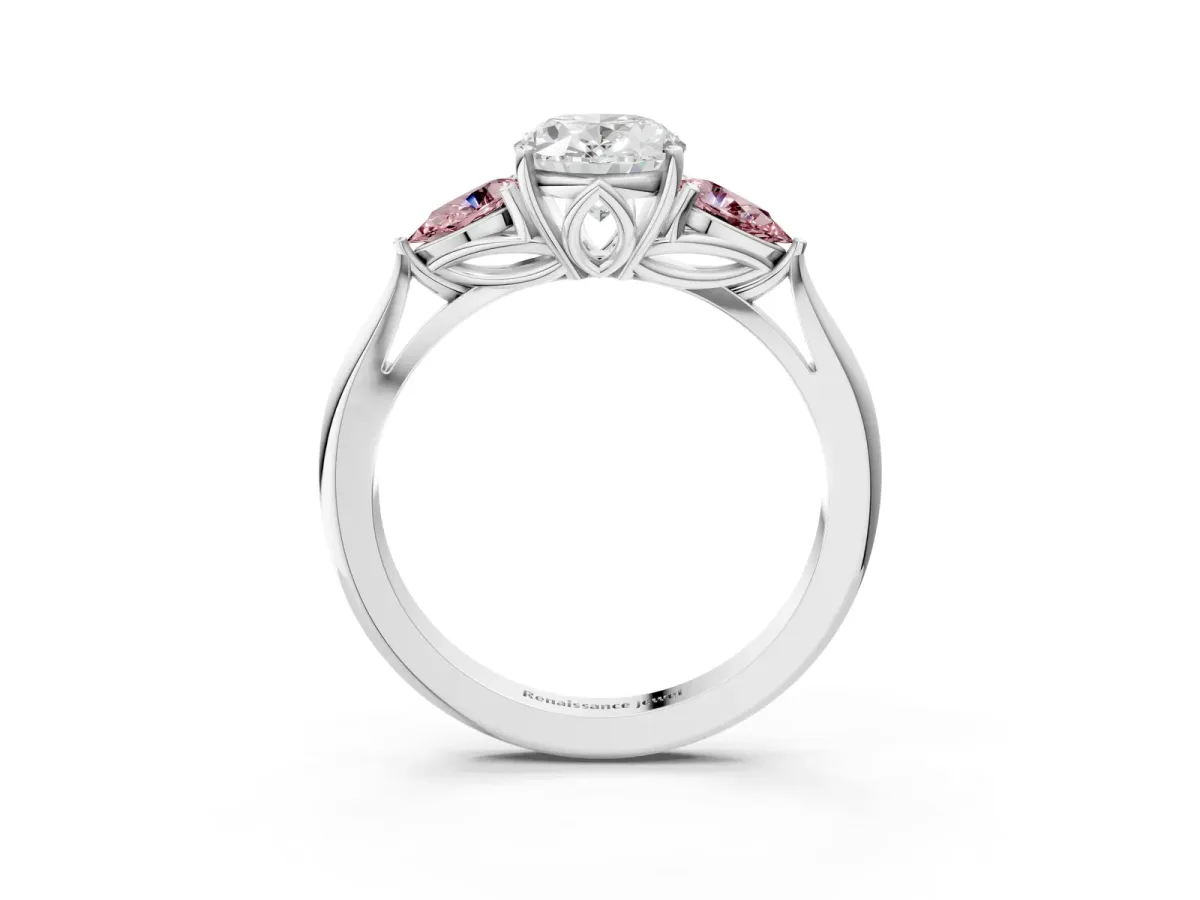 Oval Cut Diamond Three-Stone Ring with Pear Morganite Side Stones and Prong Setting Silver