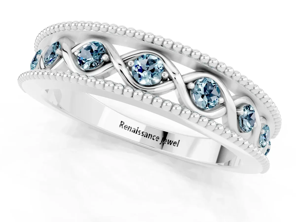 Round Aquamarine Twist Milgrain Band with Bezel Setting Silver