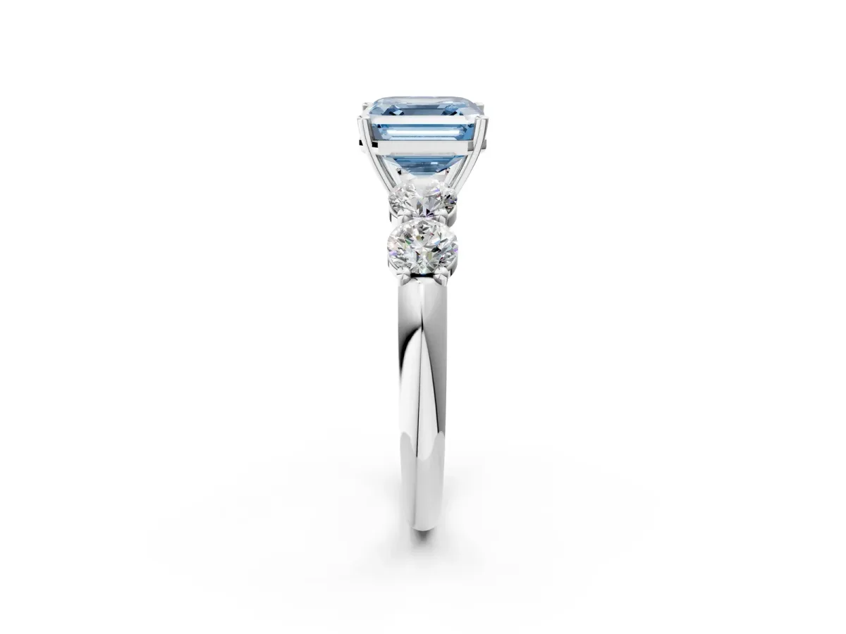 Fancy Blue Asscher Cut Cut Five-Stone Prong Set Diamond Ring with Classic Band Platinum