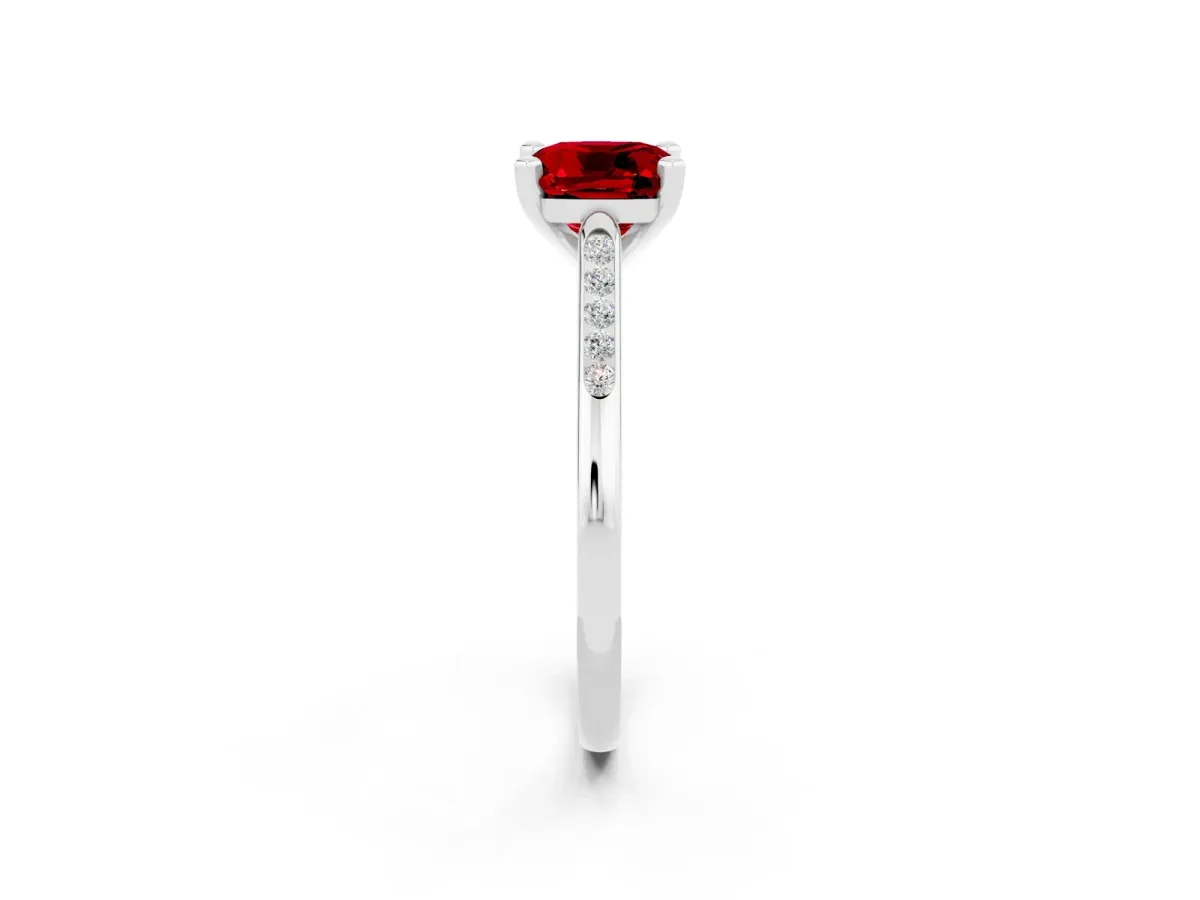 Cushion Cut Ruby Solitaire Ring with Channel Set Round Band and Prong Setting White gold