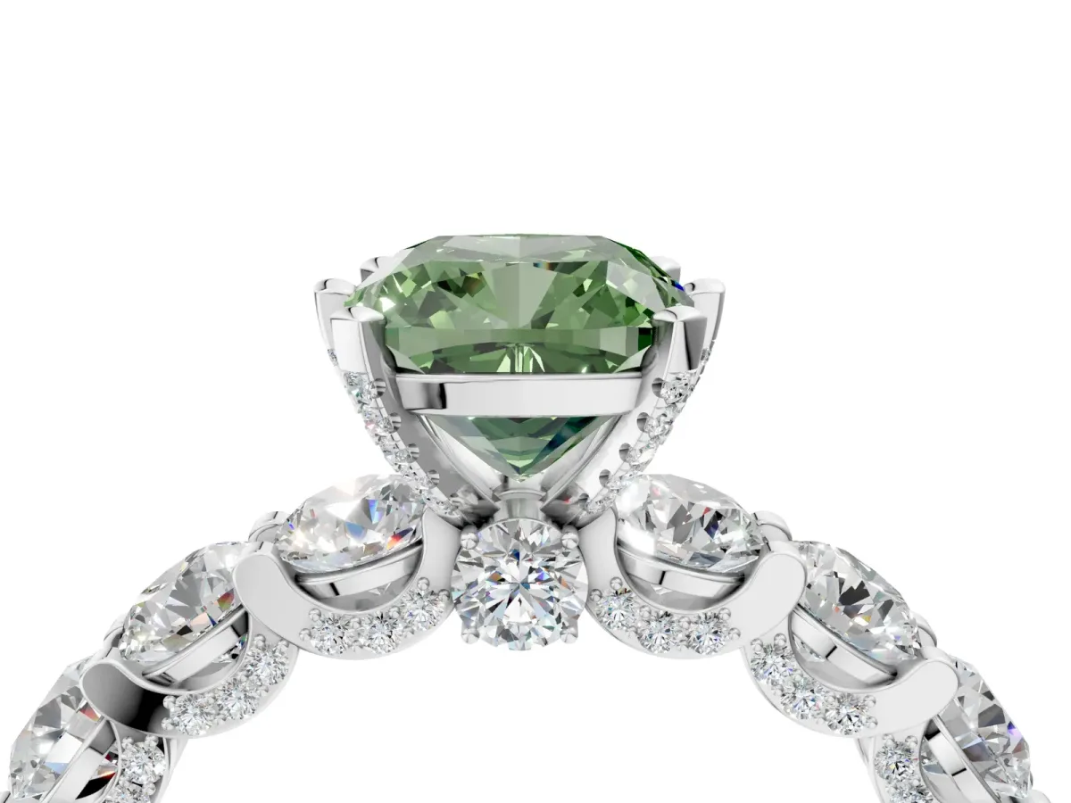 Fancy Green Cushion Cut Diamond Side Stone Engagement Ring with Four-Prong Setting Silver
