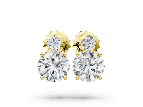 Round Diamond Basket-Set Stud Earrings with Diamond Accent Yellow gold