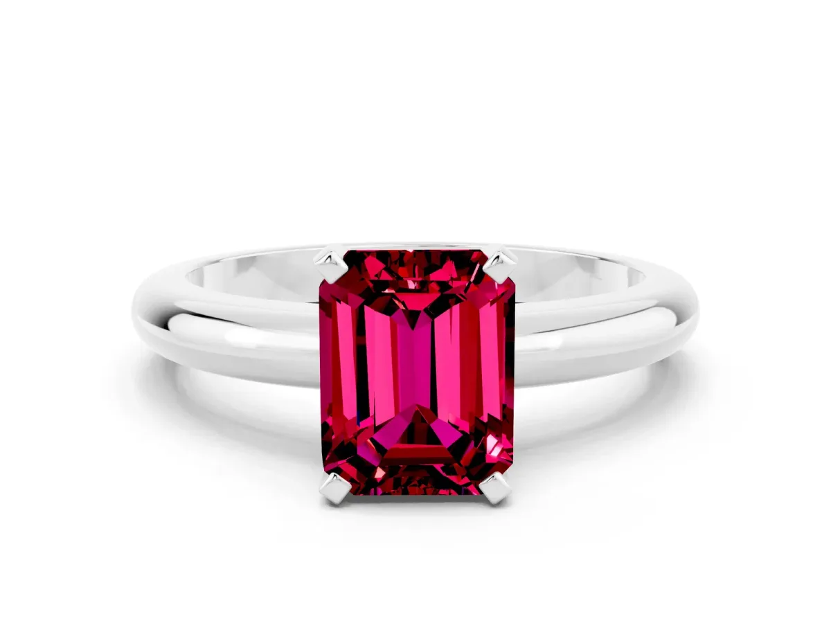 Emerald Cut Garnet Solitaire Engagement Ring with Round Band and Four-Prong Setting Silver