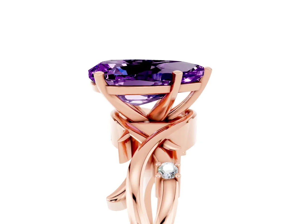 Pear Cut Amethyst Solitaire Ring with Twisted Band and Prong Setting Rose gold