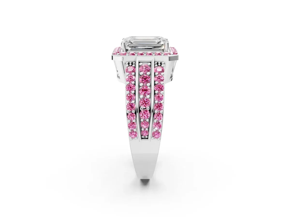 Emerald Cut Halo Diamond Ring with Round Pink Sapphire Split Shank and Prong Setting Silver
