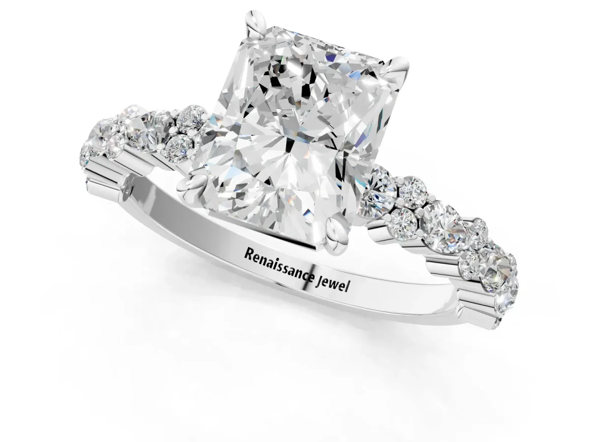 Radiant Cut Diamond Side Stone Solitaire Ring with Round and Four-Prong Setting Platinum