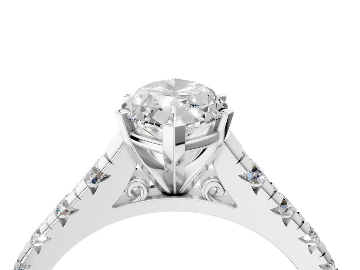 Marquise Cut Diamond Cathedral Solitaire Ring with Round Pavé Band Platinum