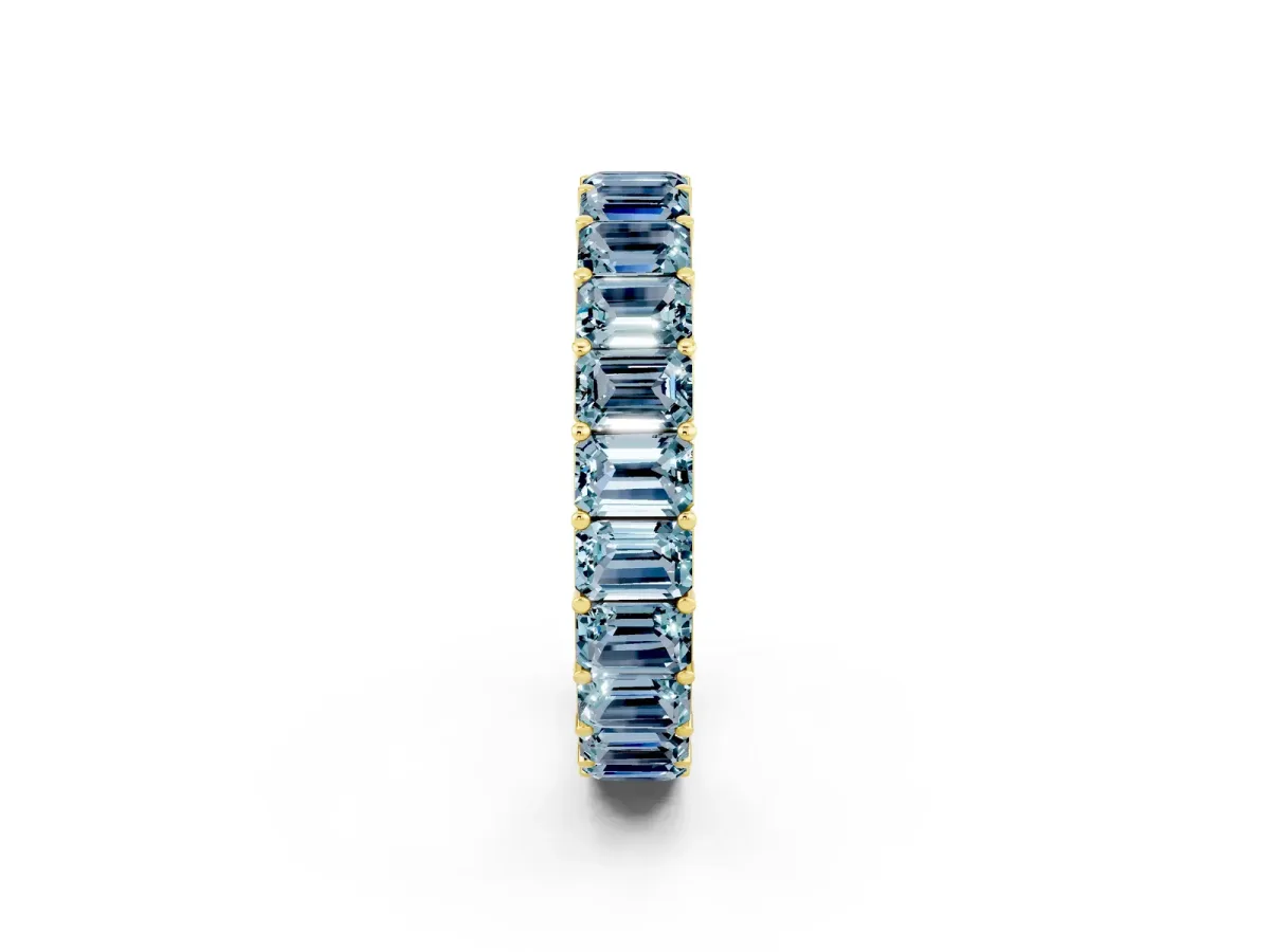 Emerald Cut Aquamarine Eternity Band with Shared Prong Setting Yellow gold