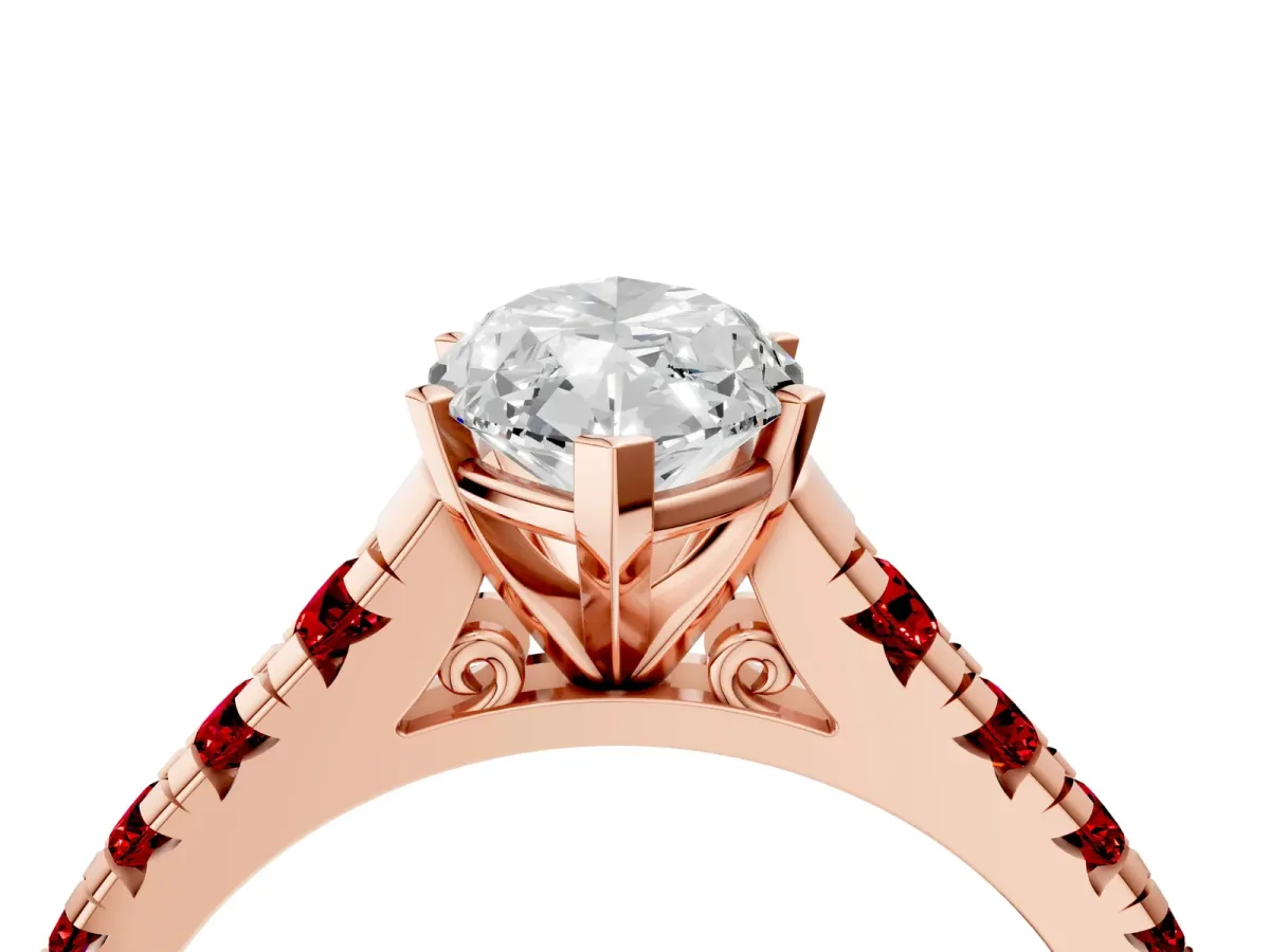 Marquise Cut Diamond Cathedral Solitaire Ring with Round Ruby Pavé Band Rose gold