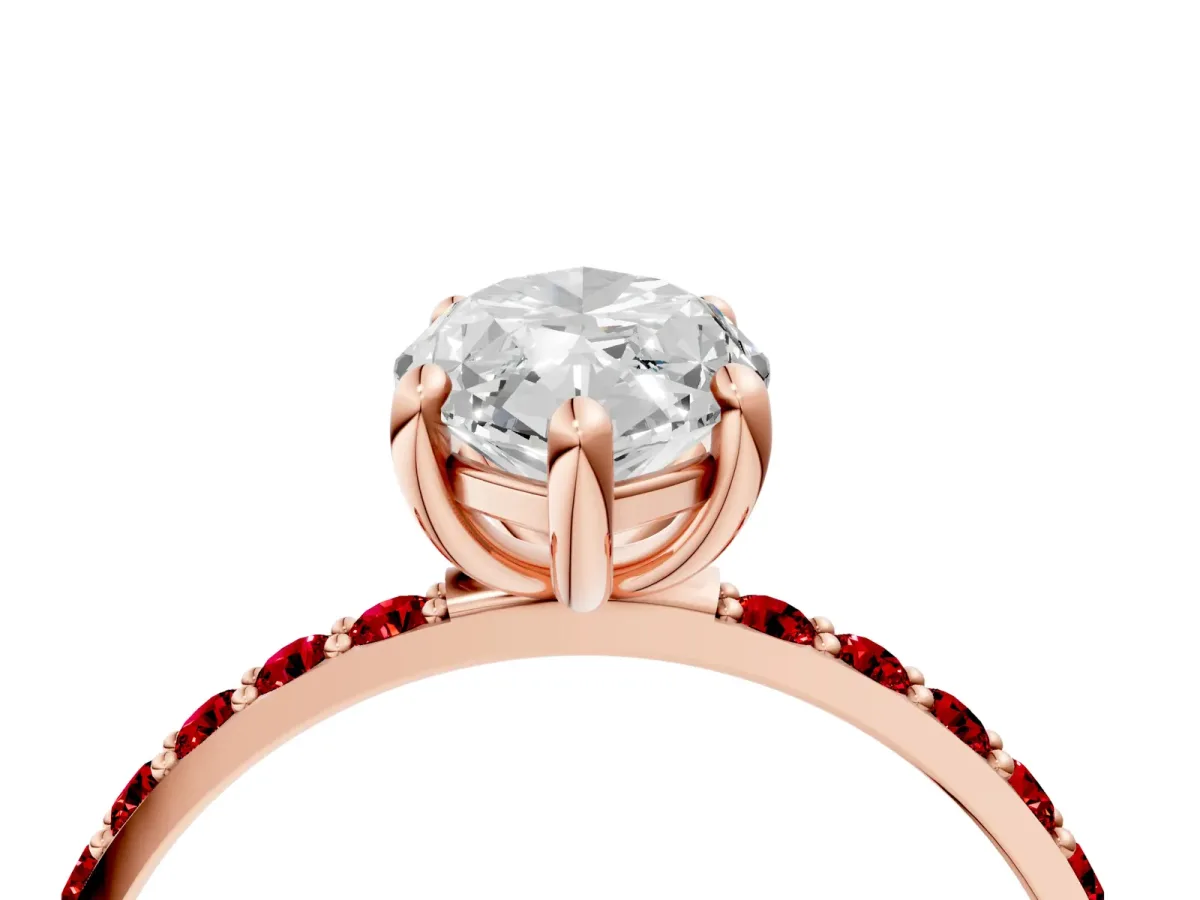 Marquise Cut Diamond Solitaire Ring with Round Ruby Pavé Band and Prong Setting Rose gold