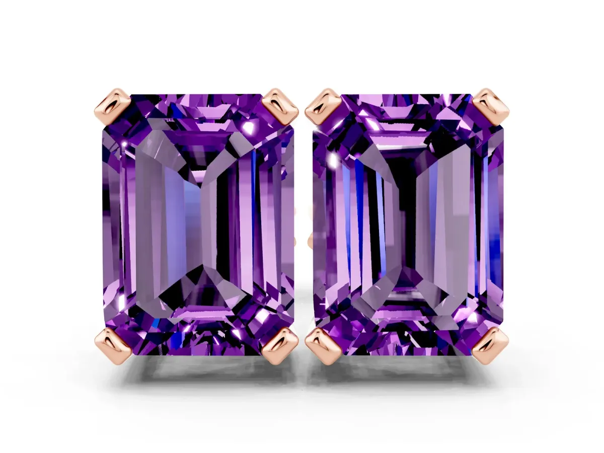 Emerald Cut Amethyst Stud Earrings Rose gold