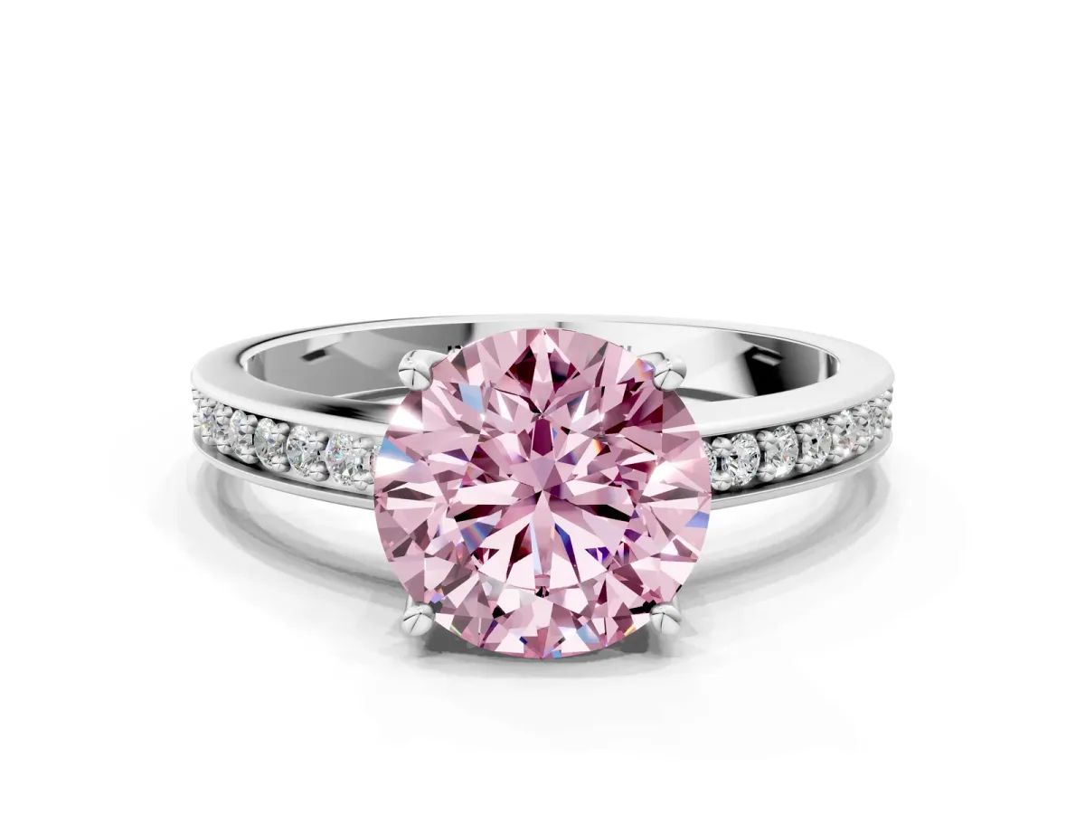 Fancy Pink Round Cut Solitaire Pavé Band Prong Setting Ring Silver
