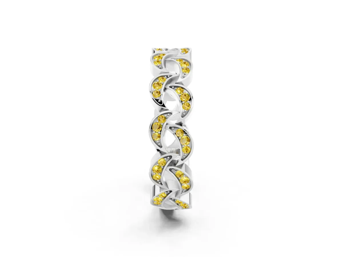 Pavé Round Yellow Sapphire Interlocking Eternity Band with Bezel Prong Setting Silver
