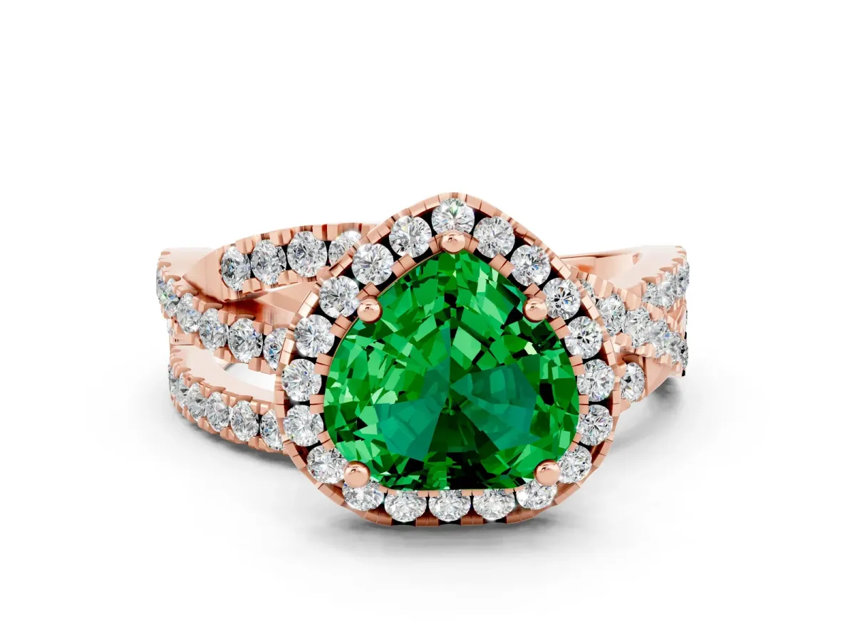 Heart Cut Emerald Halo Ring with Round Split Shank and Prong Setting Rose gold