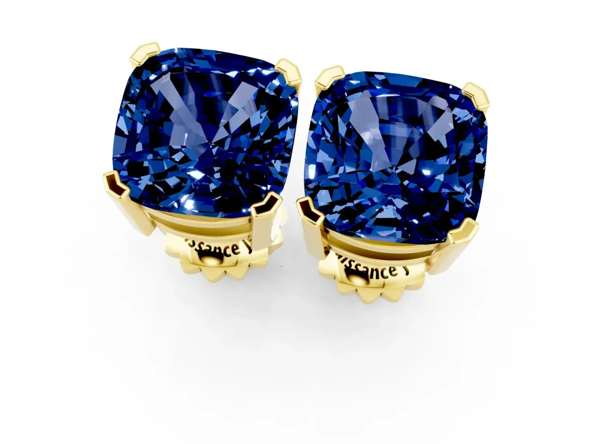 Cushion Cut Blue Sapphire Stud Earrings Yellow gold