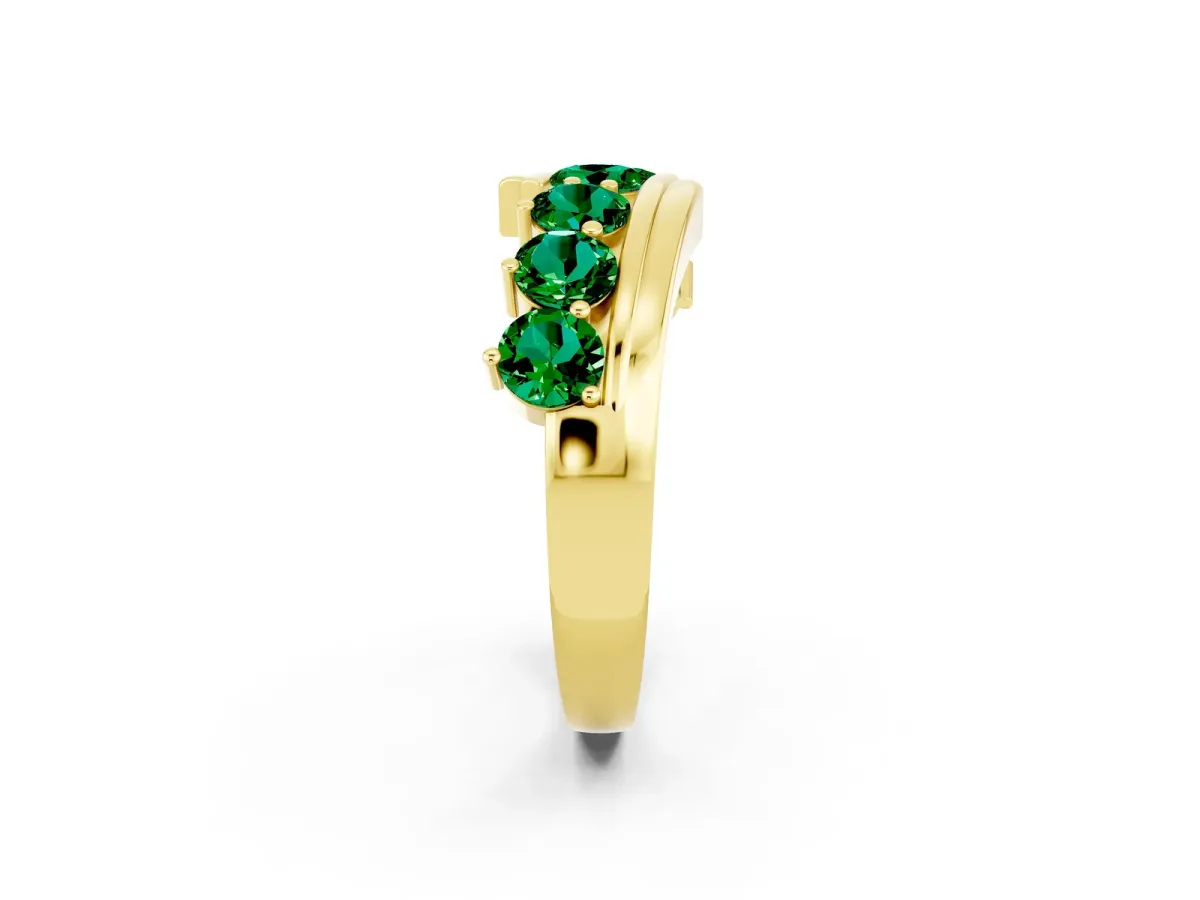 Round Emerald Wave Band with Channel and Shared Prong Setting Yellow gold