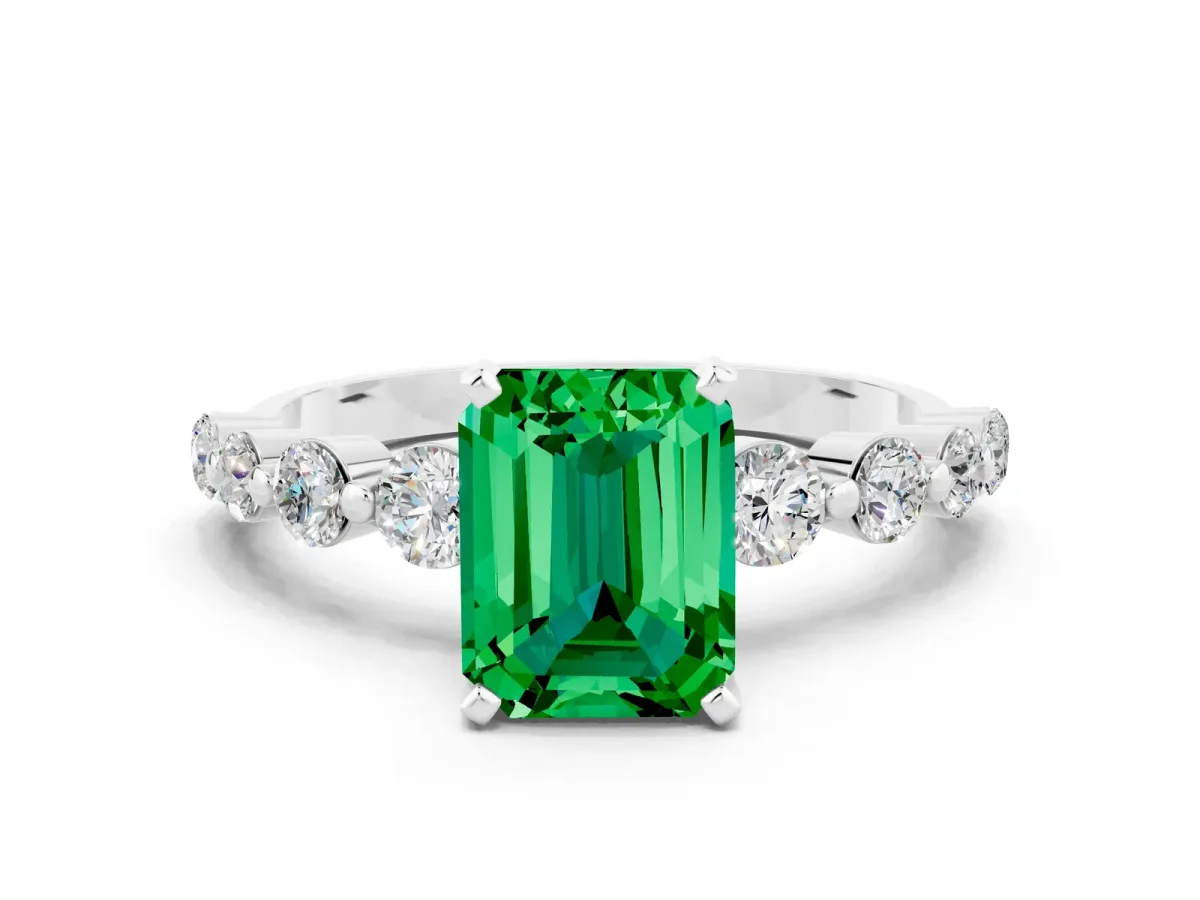 Emerald Cut Solitaire Emerald Ring with Pave Band and Four-Prong Setting White gold