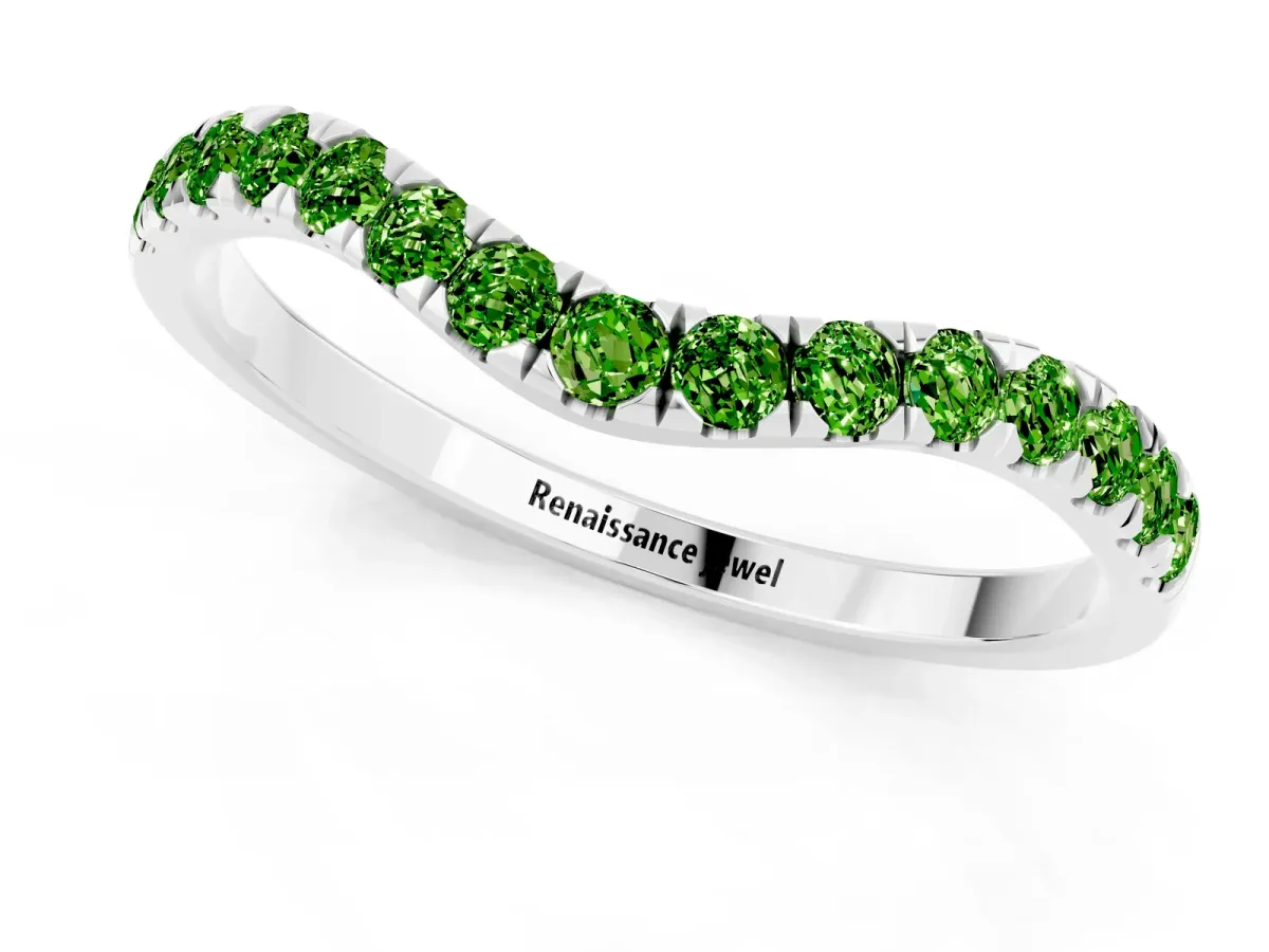 Curved Pavé Round Peridot Wedding Band with Shared Prong Setting Silver