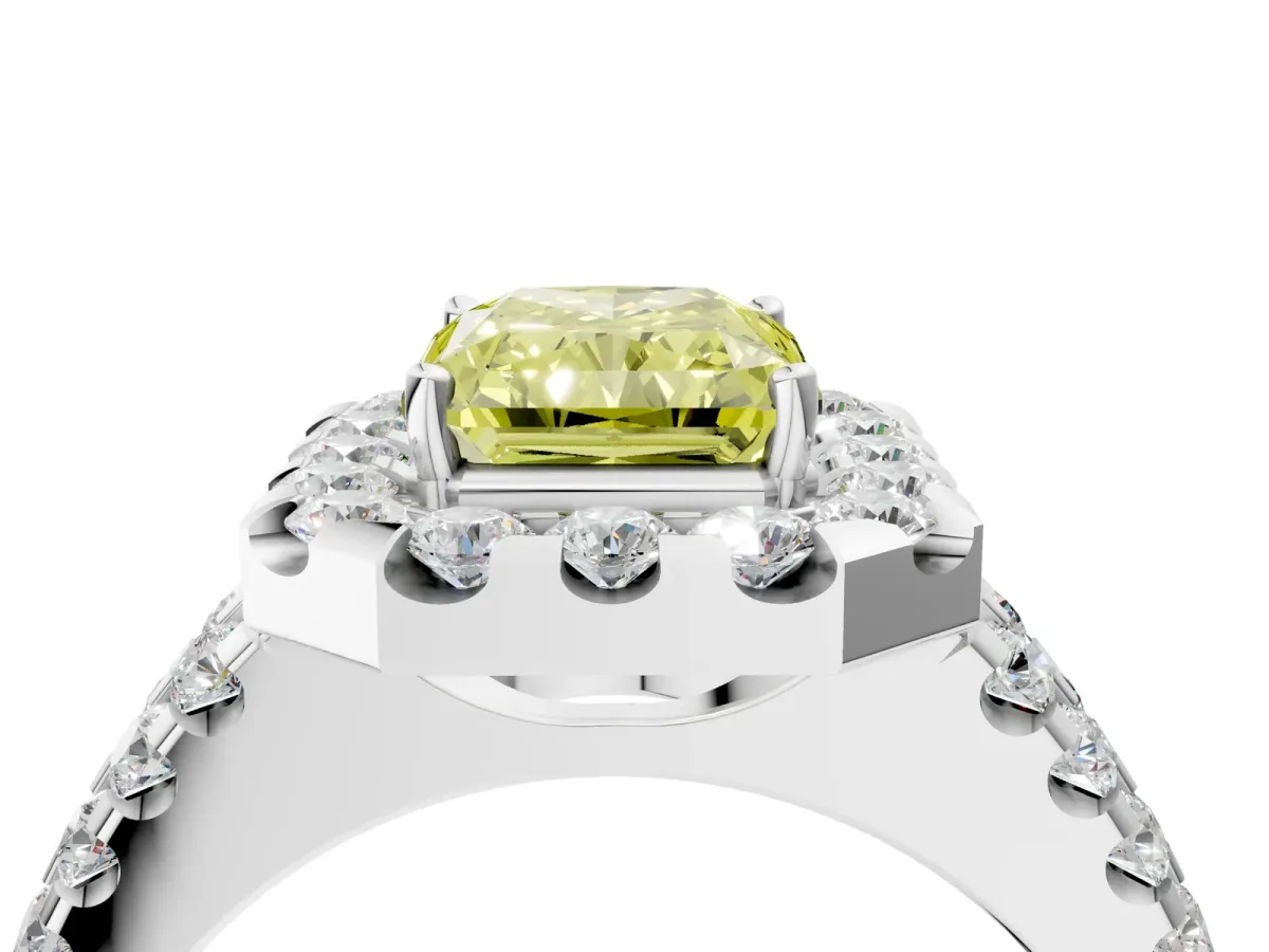 Fancy Yellow Radiant Cut Halo Diamond Split Shank Engagement Ring with Prong Setting Platinum