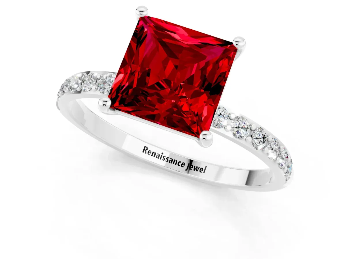 Princess Cut Ruby Solitaire Ring with Round Pavé Band and Prong Setting Silver