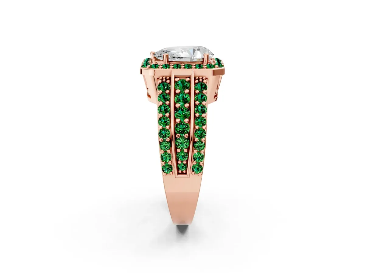 Pear Cut Halo Diamond Ring with Round Emerald Split Shank and Prong Setting Rose gold