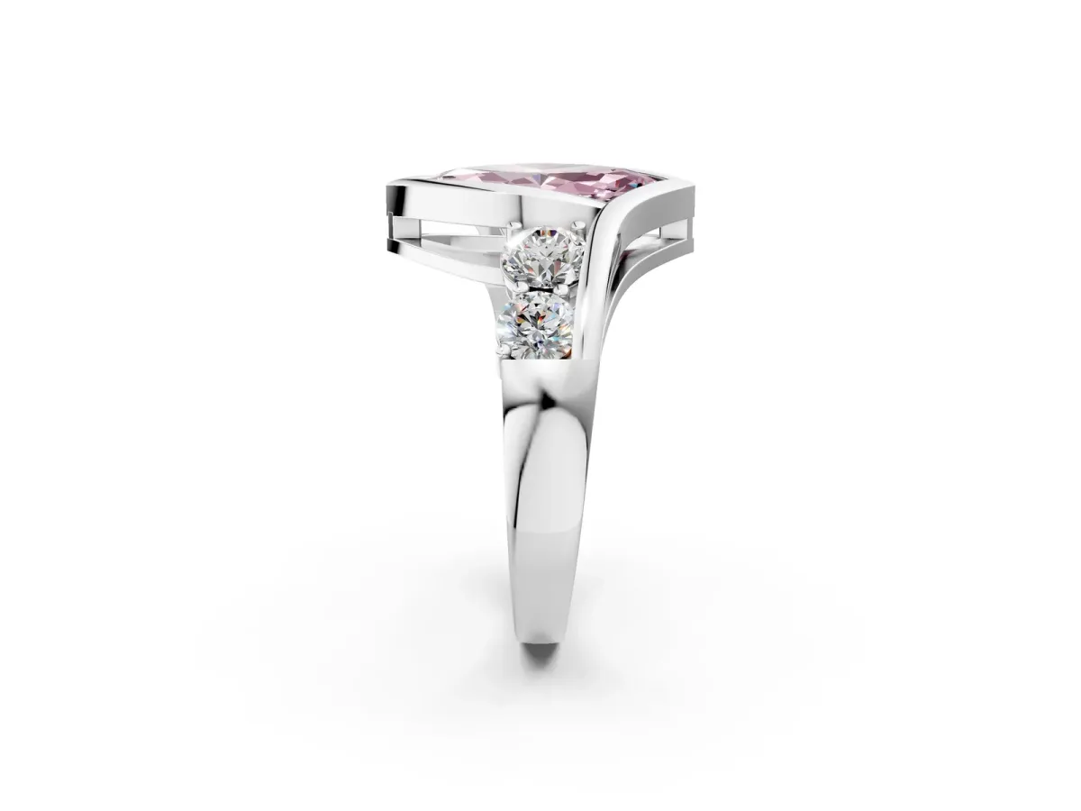 Fancy Pink Bezel Set Marquise Cut Diamond Bypass Ring with Round Accents Silver