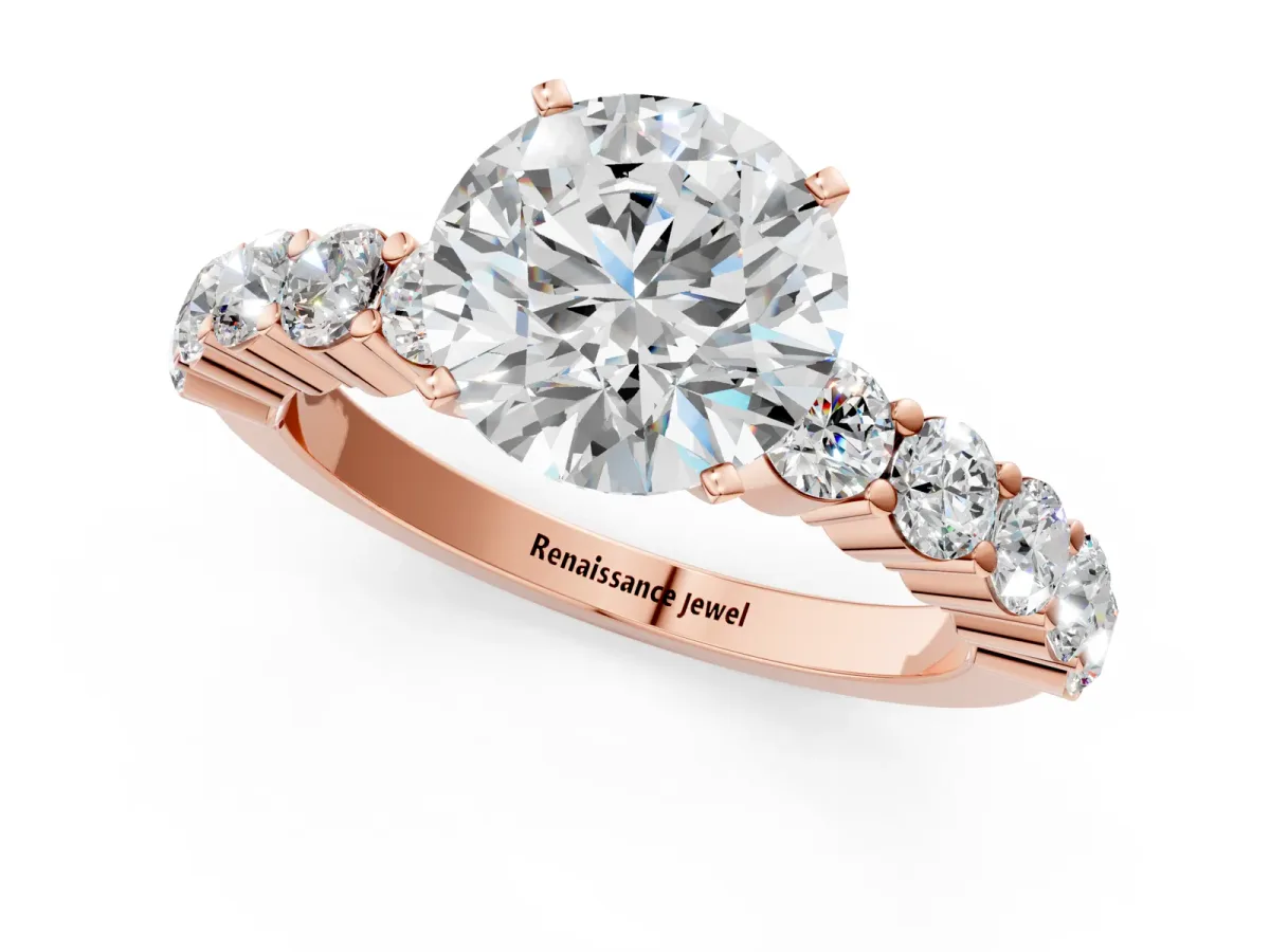Round Cut Diamond Solitaire Ring with Shared Prong Round Side Stones Rose gold