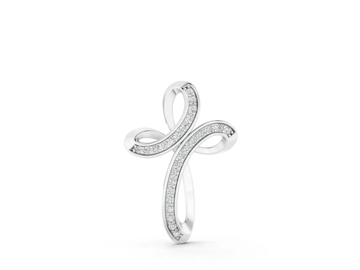 Pavé Round Diamond Prong Cross Pendant Silver
