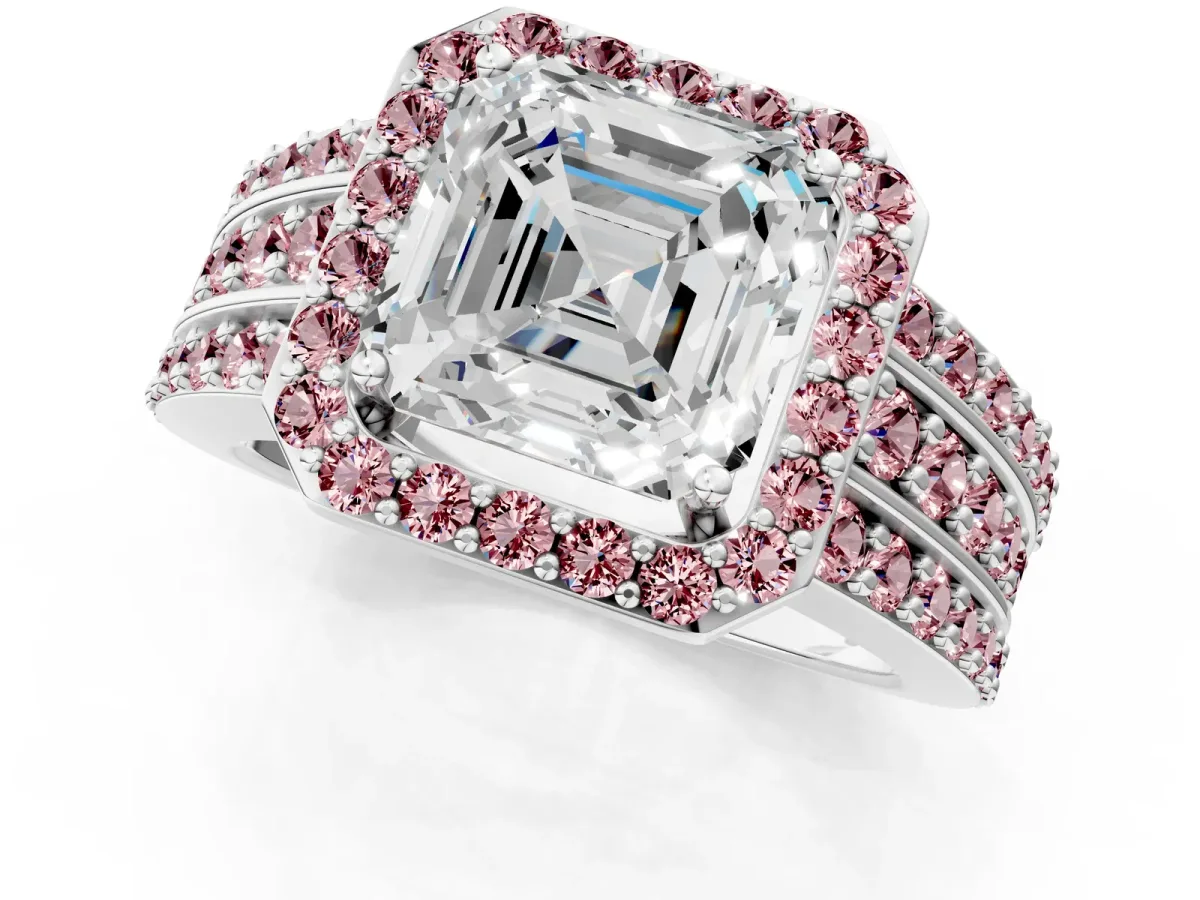 Asscher Cut Halo Diamond Ring with Round Morganite Split Shank and Prong Setting Silver