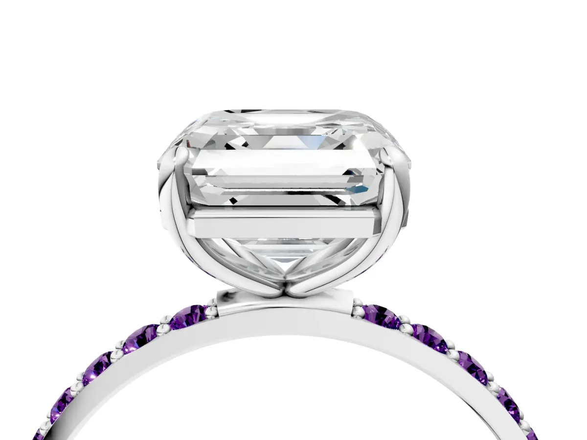 Asscher Cut Diamond Solitaire Ring with Round Amethyst Pavé Band and Prong Setting Silver