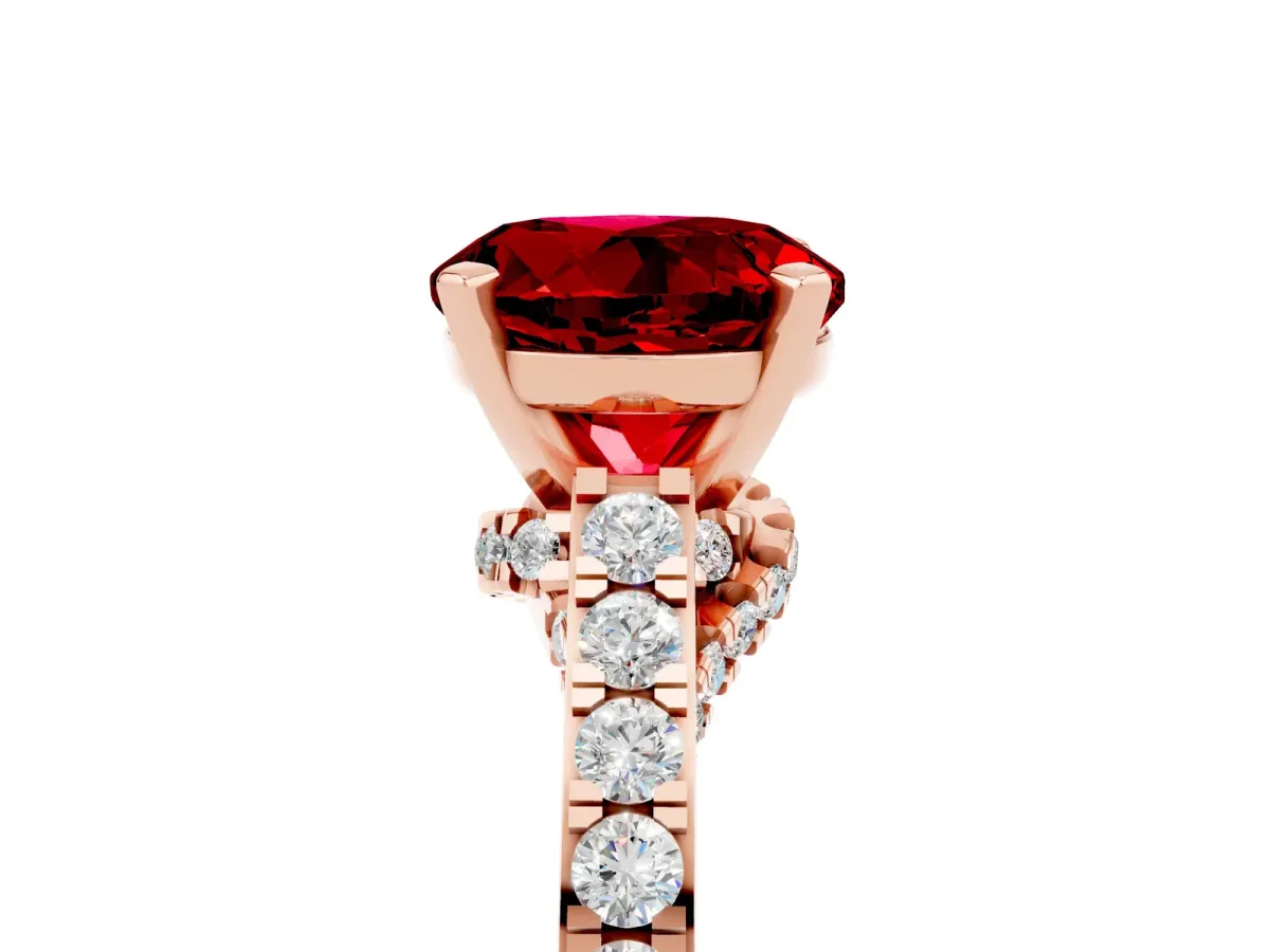 Round Cut Ruby Solitaire Ring with Crossover Gallery and Round Pavé Band Rose gold