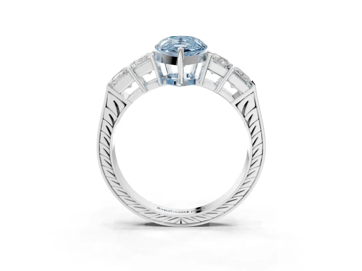 Fancy Blue Pear Cut Solitaire Princess Side Stone Engraved Band Prong Setting Ring Platinum