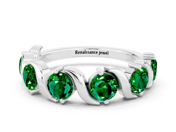 Round Emerald Half Eternity Band with Wave Prong Setting Platinum