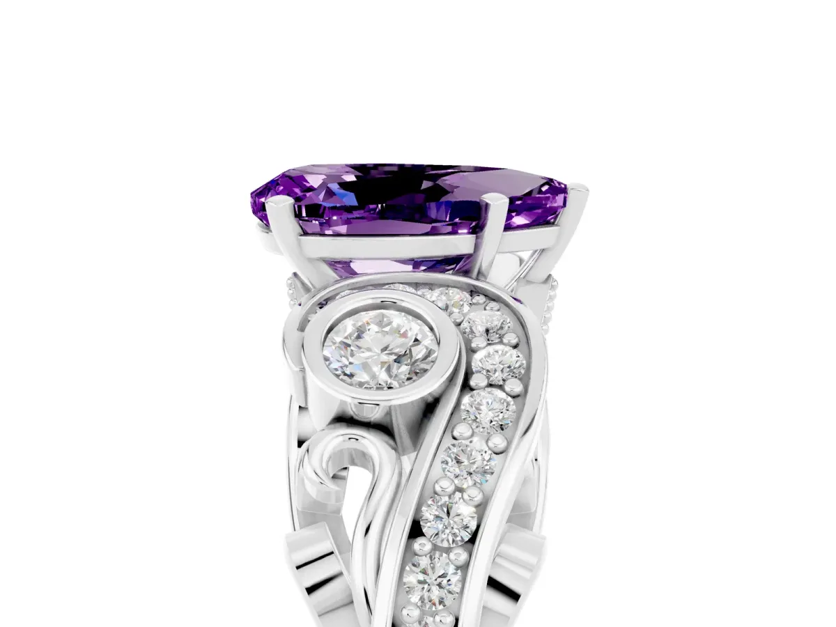 Pear Cut Amethyst Solitaire Ring with Milgrain Pavé Band and Four-Prong Setting Silver