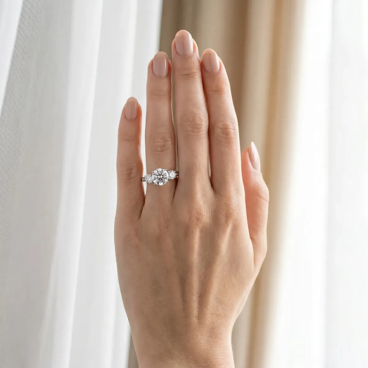 Round Cut Brilliant Three-Stone Engagement Ring with Split Shank and Prong Setting Silver