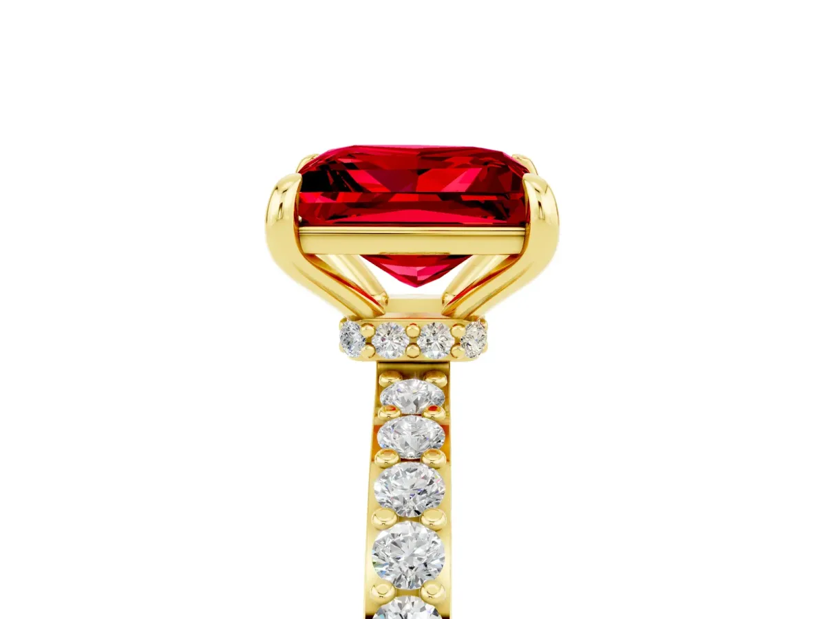 Princess Cut Ruby Solitaire Engagement Ring with Pavé Band and Four-Prong Setting Yellow gold