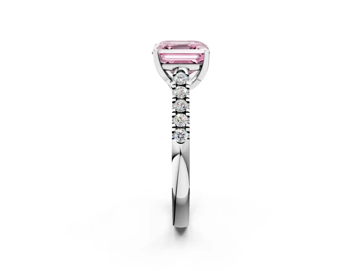 Fancy Pink Asscher Cut Diamond Pavé Band Solitaire Ring with Prong Setting Platinum