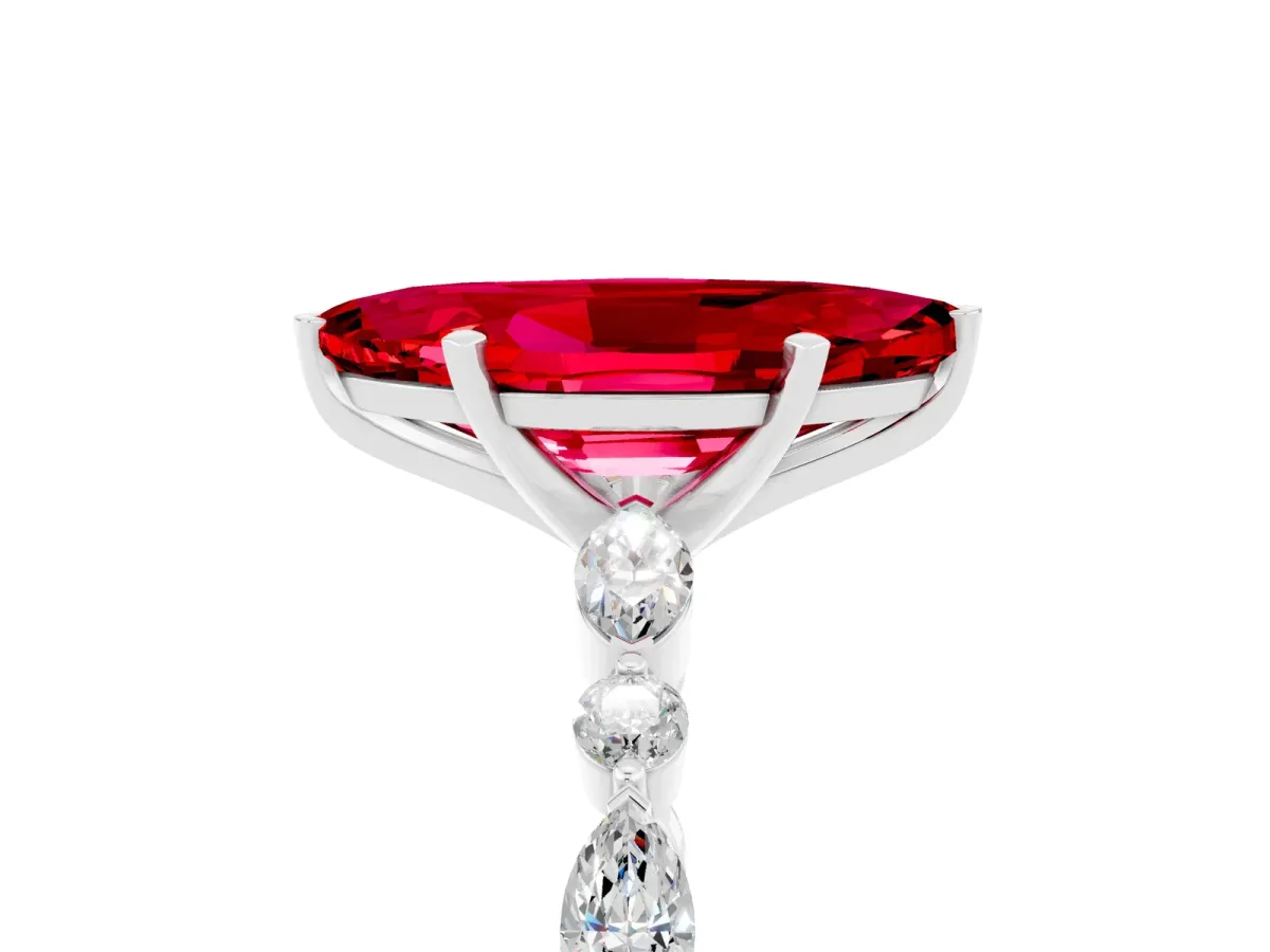 Marquise Cut Ruby Ring with Marquise and Round Side Stones and Four-Prong Setting Silver
