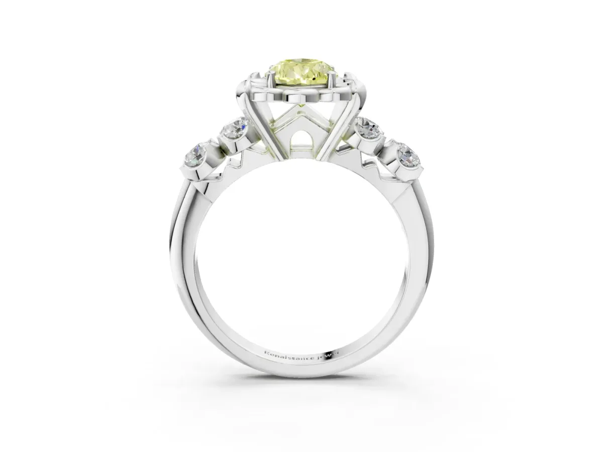 Fancy Yellow Pear Cut Cut Diamond Floral Halo Engagement Ring with Shared Prong Setting Silver